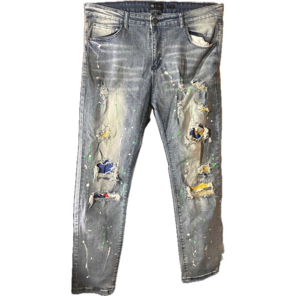Waimea Mens Skinny Fit Distressed Patchwork Paint Splatter Jeans Light Wash 38